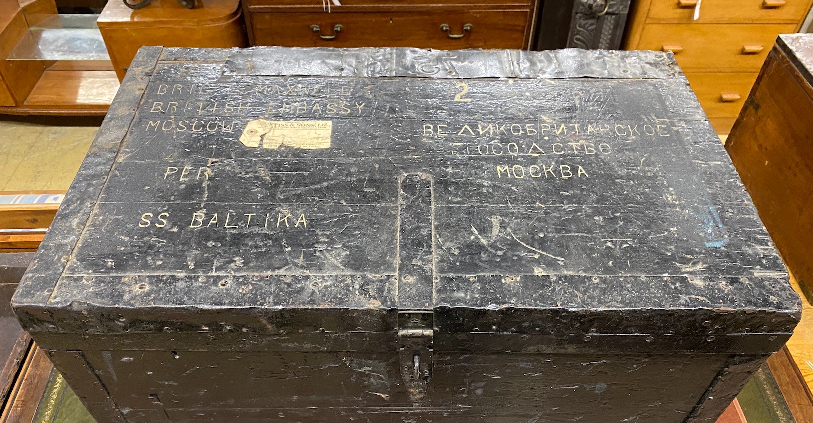 A 19th century iron bound travelling trunk, width 88cm, depth 53cm, height 53cm